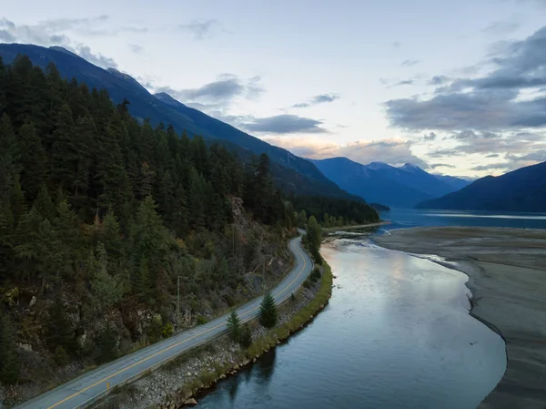 Aerial Panoramic View River Valley Beautiful Canadian Mountain Landscape Cloudy — Stock Photo, Image