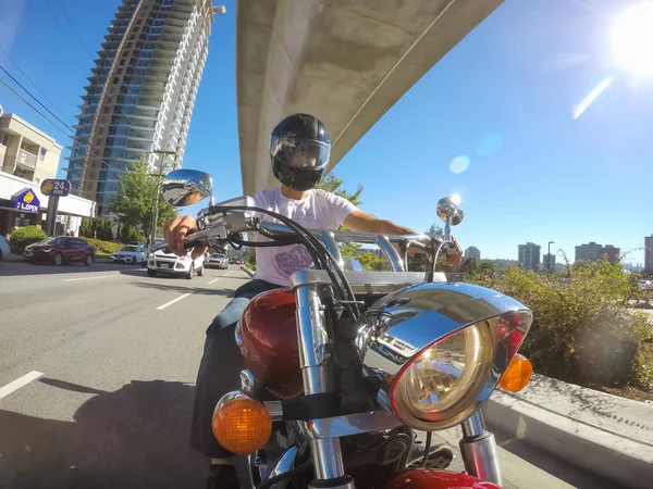 Vancouver Colúmbia Britânica Canadá Julho 2018 Homem Moto Está Andando — Fotografia de Stock