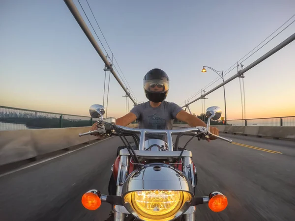 Downtown Vancouver British Columbia Canada June 2018 Man Motorcycle Riding — Stock Photo, Image