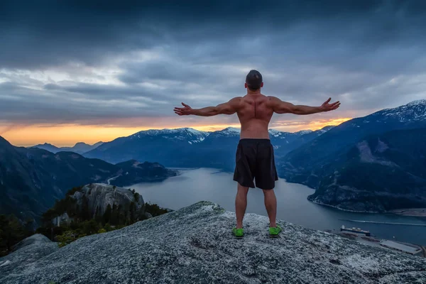 Fit Muscular Young Man Top Mountain Colorful Sunset Taken Chief — Stock Photo, Image