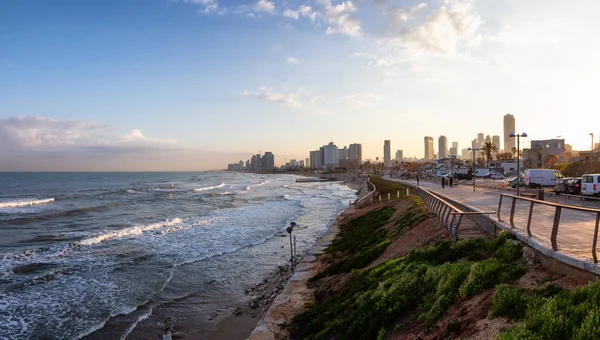 Panoramautsikt Moderne Ved Middelhavet Fargerik Soloppgang Tatt Jaffa Tel Aviv – stockfoto