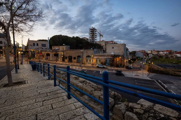 Street View Oude Haven Van Jaffa Tijdens Een Kleurrijke Zonsopgang — Stockfoto