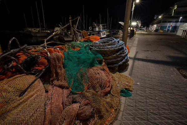 Cuerdas Redes Pesca Puerto Viejo Jaffa Durante Noche Tomado Tel — Foto de Stock