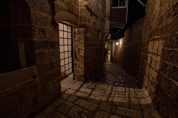 Vista Nocturna Los Callejones Del Histórico Puerto Viejo Jaffa Tomado — Foto de Stock