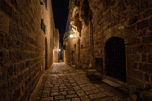 Vista Nocturna Los Callejones Del Histórico Puerto Viejo Jaffa Tomado — Foto de Stock