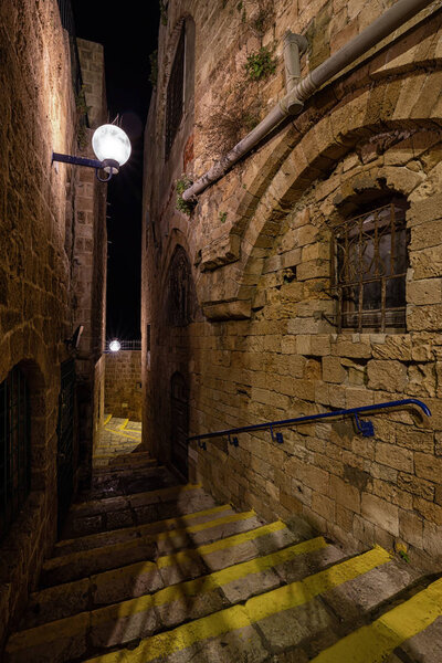 Night view in the alley ways at the Historic Old Port of Jaffa. Taken in Tel Aviv, Israel.