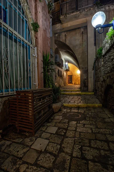 Vista Notturna Nei Vicoli Del Porto Vecchio Storico Jaffa Preso — Foto Stock