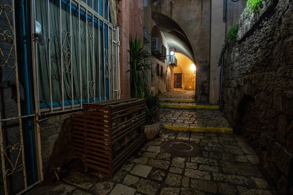 Vista Nocturna Los Callejones Del Histórico Puerto Viejo Jaffa Tomado — Foto de Stock