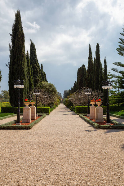 Beautiful view of Bahai Gardens during a cloudy day. Taken in Akko, Israel.