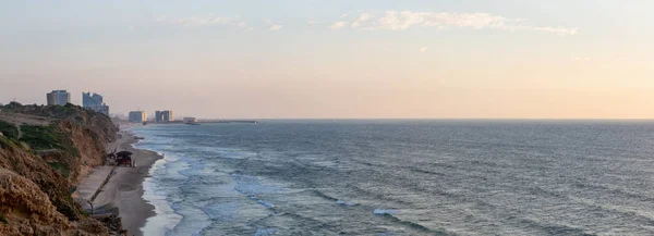 Gyönyörű Panoráma Ocean Coast Duing Élénk Naplemente Apollonia Beach Hozott — Stock Fotó