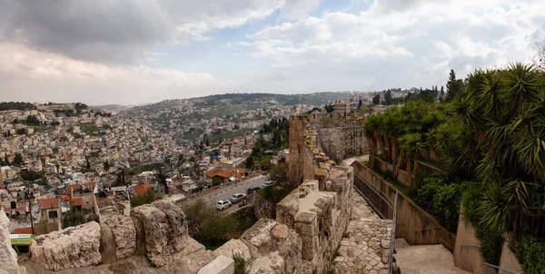 Hermosa Vista Panorámica Las Murallas Jerusalén Que Rodean Ciudad Vieja — Foto de Stock