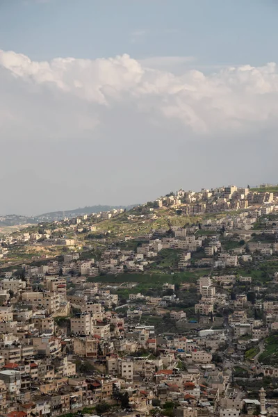 Bulutlu Bir Gün Boyunca Jabal Batin Alhawa Yerleşim Mahallenin Havadan — Stok fotoğraf