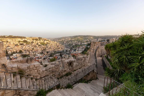 Hermosa Vista Las Murallas Jerusalén Que Rodean Ciudad Vieja Con — Foto de Stock