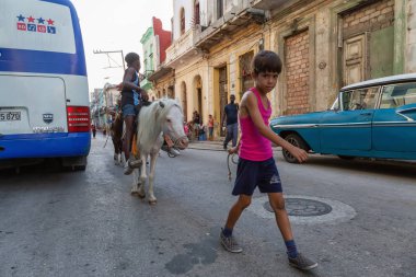 Havana, Küba - 27 Mayıs 2019: Eski Havana Şehrinin sokaklarında küçük bir atla genç Kübalı çocuklar, Küba'nın başkenti, parlak ve güneşli bir akşam.