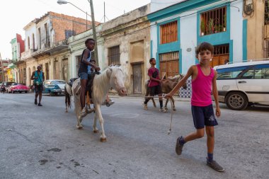 Havana, Küba - 27 Mayıs 2019: Eski Havana Şehrinin sokaklarında küçük bir atla genç Kübalı çocuklar, Küba'nın başkenti, parlak ve güneşli bir akşam.