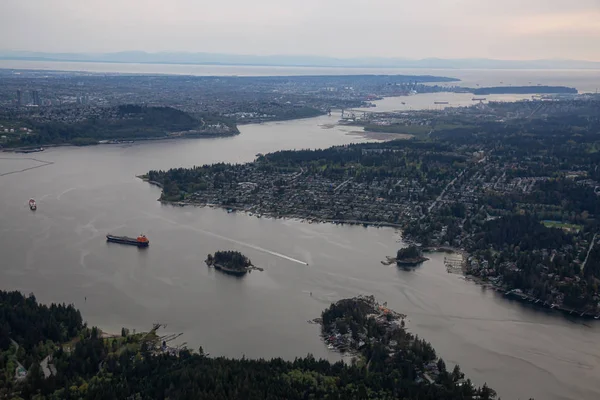 Aerial View Ocean Inlet Modern City Dark Cloudy Evening Taken — Stock Photo, Image