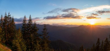 Canlı ve renkli bir yaz gün batımı sırasında Amerikan Dağ Manzara Güzel Panoramik Görünümü. Sun Top Lookout alınan, Mt Rainier Ulusal Parkı, Seattle Güney, Washington, Amerika.