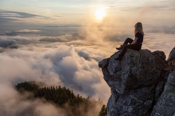 Adventurous Female Hiker Top Mountain Covered Clouds Vibrant Summer Sunset — Stock Photo, Image