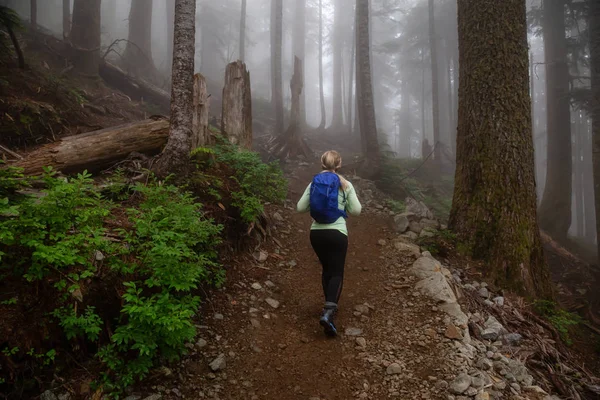 Menina Aventurosa Caminhadas Uma Trilha Floresta Durante Dia Nebuloso Chuvoso — Fotografia de Stock