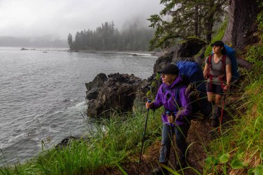Adventurous friends are hiking Juan de Fuca Trail to Sombrio Beach on the Pacific Ocean Coast during a misty summer day. Taken near Port Renfrew, Vancouver Island, BC, Canada. clipart