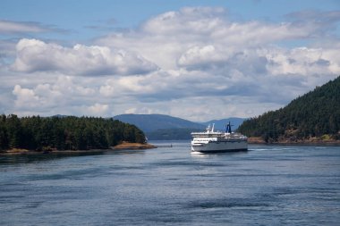 Güneşli bir yaz gününde Körfez Adaları'nda geçen bir Feribot Tekne Güzel Görünümü Daralır. Vancouver Adası yakınlarında çekilmiş, British Columbia, Kanada.