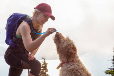 Maceracı Woman Hiker ve köpek bulutlu ve güneşli bir yaz gününde su dinking vardır. Vancouver, British Columbia, Kanada yakınlarındaki bir dağda yürüyüş yaparken çekilen.