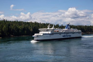 Vancouver Adası, British Columbia, Kanada - 14 Temmuz 2019: Güneşli bir yaz gününde Körfez Adaları'ndan geçen Bc Ferries Boat'ın Güzel Görünümü Daralıyor.