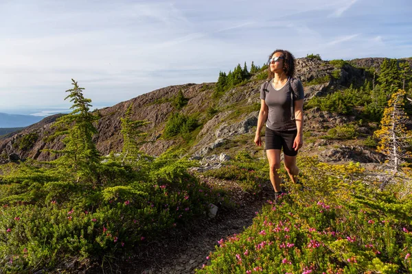 활기찬 캐나다 풍경의 아름다운 트레일을 하이킹하는 마운트 애로우스미스 나나이모 밴쿠버 — 스톡 사진