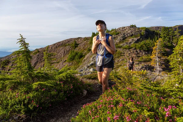 Maceracı kız canlı bir yaz akşamı sırasında Kanada Dağ Manzara güzel iz yürüyüş. Mt Arrowsmith'te, Nanaimo yakınlarında, Vancouver Adası, Bc, Kanada.