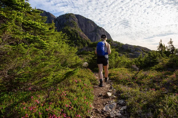 Avontuurlijk Meisje Dat Het Prachtige Parcours Het Canadese Berglandschap Wandelend — Stockfoto