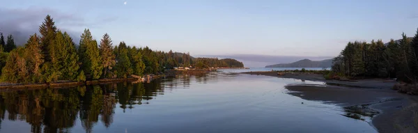 Beautiful Panoramic View River Joining Ocean Small Town Cloudy Sunny — Stock Photo, Image