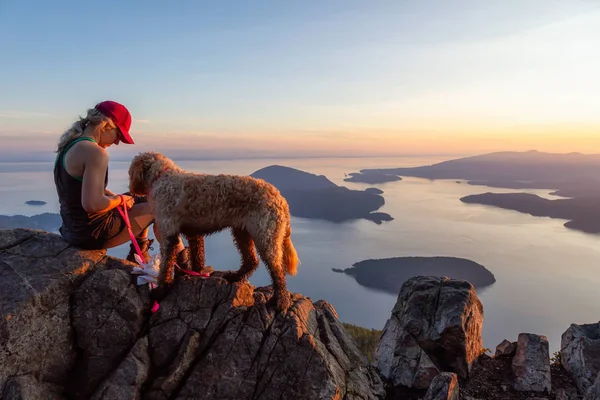 Adventurous Girl Hiking Dog Top Mark Mountain Sunny Summer Sunset — Stock Photo, Image