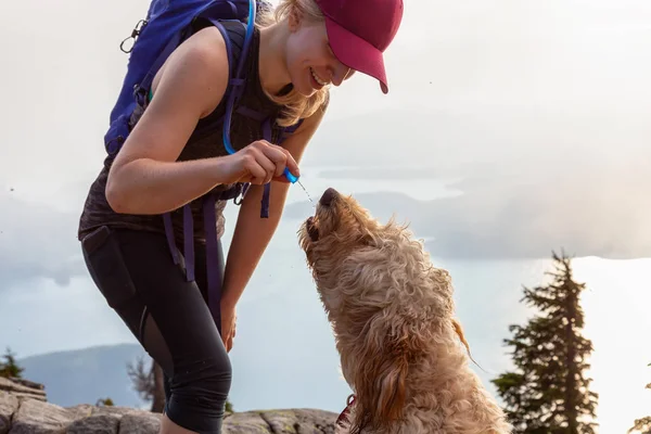 Adventurous Woman Hiker Dog Dinking Water Cloudy Sunny Summer Day — Stock Photo, Image