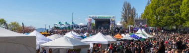 Downtown Vancouver, British Columbia, Kanada - 20 Nisan 2019: Güneşli bir günde Sunset Beach'te 420 kişiyi kutlamak için bir araya gelen kalabalık.