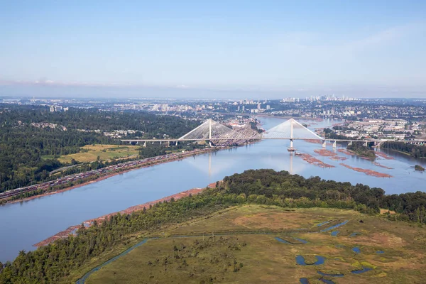 Aerial View Fraser River Port Mann Bridge Vibrant Summer Morning — Stock Photo, Image