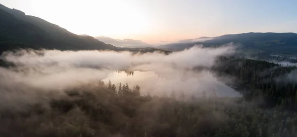Aerial Panoramic View Fairy Lake Covered Clouds Vibrant Summer Sunrise — Stock Photo, Image