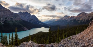 Kanada Kayalık Dağları ve Peyto Gölü, hareketli bir yaz gün batımı sırasında bir dağın tepesinden manzaraya bakmaktadır. Icefields Parkway, Banff Ulusal Parkı, Alberta, Kanada'da çekildi.