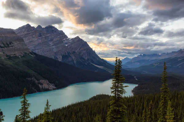 Kanada Kayalık Dağları Peyto Gölü Hareketli Bir Yaz Gün Batımı — Stok fotoğraf