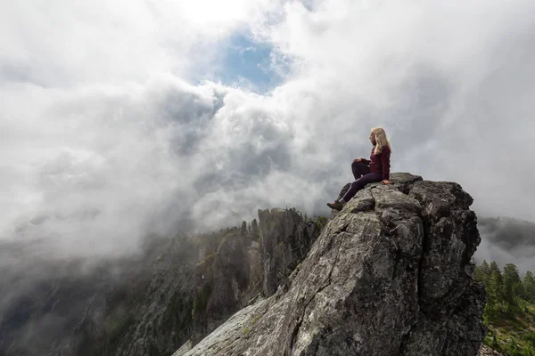 Adventurous Girl Top Rugged Rocky Mountain Cloudy Summer Morning Taken — Stock Photo, Image