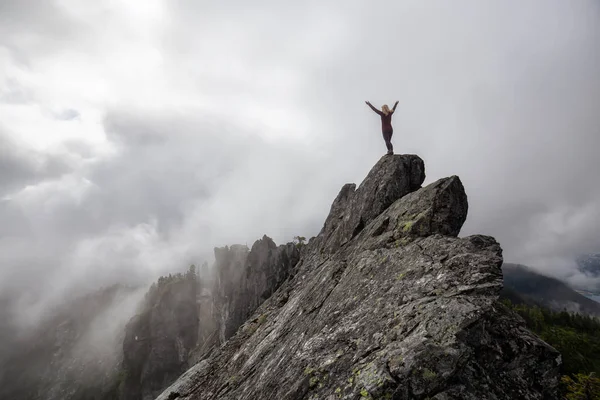 Adventurous Girl Open Arms Top Rugged Rocky Mountain Cloudy Summer — Stock Photo, Image