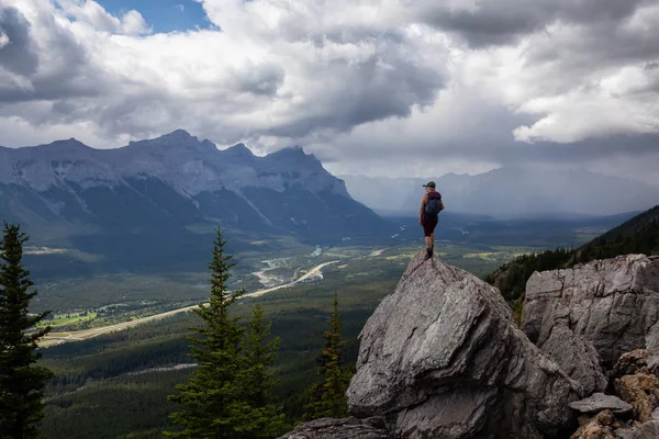 Adventurous Girl Hiking Rocky Mountain Cloudy Rainy Day Taken Lady — Stock Photo, Image