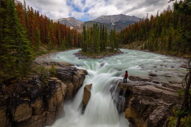 Woman is standing on the edge of a cliff by a beautiful Waterfall in the Canadian Rockies during summer day. Taken in Sunwapta Falls, Jasper, Alberta, Canada. clipart