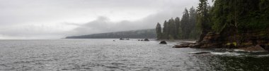 Sisli ve yağmurlu bir yaz gününde Juan de Fuca Trail şelale ile kayalık bir sahil güzel Panoramik Görünümü. Sombrio Beach'te, Port Renfrew yakınlarında, Vancouver Adası, Bc, Kanada.