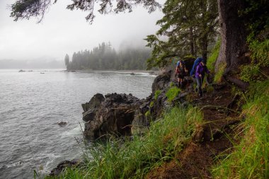 Maceracı arkadaşlar sisli bir yaz günü boyunca Pasifik Okyanusu Kıyısındaki Sombrio Plajı'na Juan de Fuca Trail yürüyüş vardır. Port Renfrew yakınlarında çekilen Vancouver Adası, Bc, Kanada.