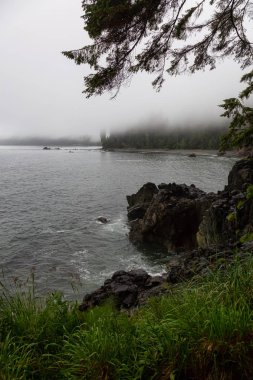 Bir yaz gün batımı sırasında Juan de Fuca Trail üzerinde kayalık bir plaj Güzel Görünümü. Sombrio Beach'te, Port Renfrew yakınlarında, Vancouver Adası, Bc, Kanada.