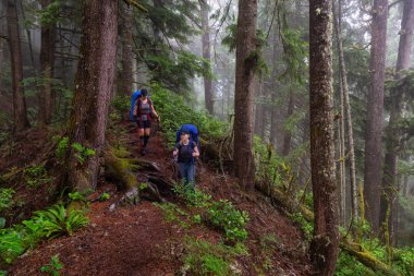Maceracı bayan arkadaşlar sisli ve yağmurlu bir yaz günü boyunca ormanda Juan de Fuca Trail yürüyüş vardır. Port Renfrew yakınlarında çekilen Vancouver Adası, Bc, Kanada.