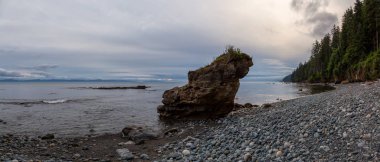 Yaz gün batımı sırasında Juan de Fuca Trail üzerinde kayalık bir plaj güzel Panoramik Görünümü. Chin Beach'te, Port Renfrew yakınlarında, Vancouver Adası, Bc, Kanada.