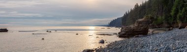 Yaz gün batımı sırasında Juan de Fuca Trail üzerinde kayalık bir plaj güzel Panoramik Görünümü. Chin Beach'te, Port Renfrew yakınlarında, Vancouver Adası, Bc, Kanada.