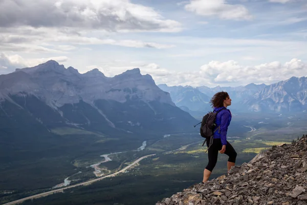 Adventurous Girl Hiking Rocky Mountain Cloudy Rainy Day Taken Lady — Stock Photo, Image