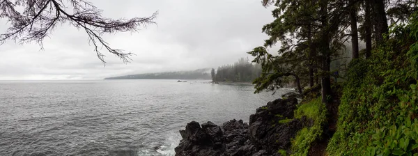 Sisli ve yağmurlu bir yaz gününde Juan de Fuca Trail şelale ile kayalık bir sahil güzel Panoramik Görünümü. Sombrio Beach'te, Port Renfrew yakınlarında, Vancouver Adası, Bc, Kanada.